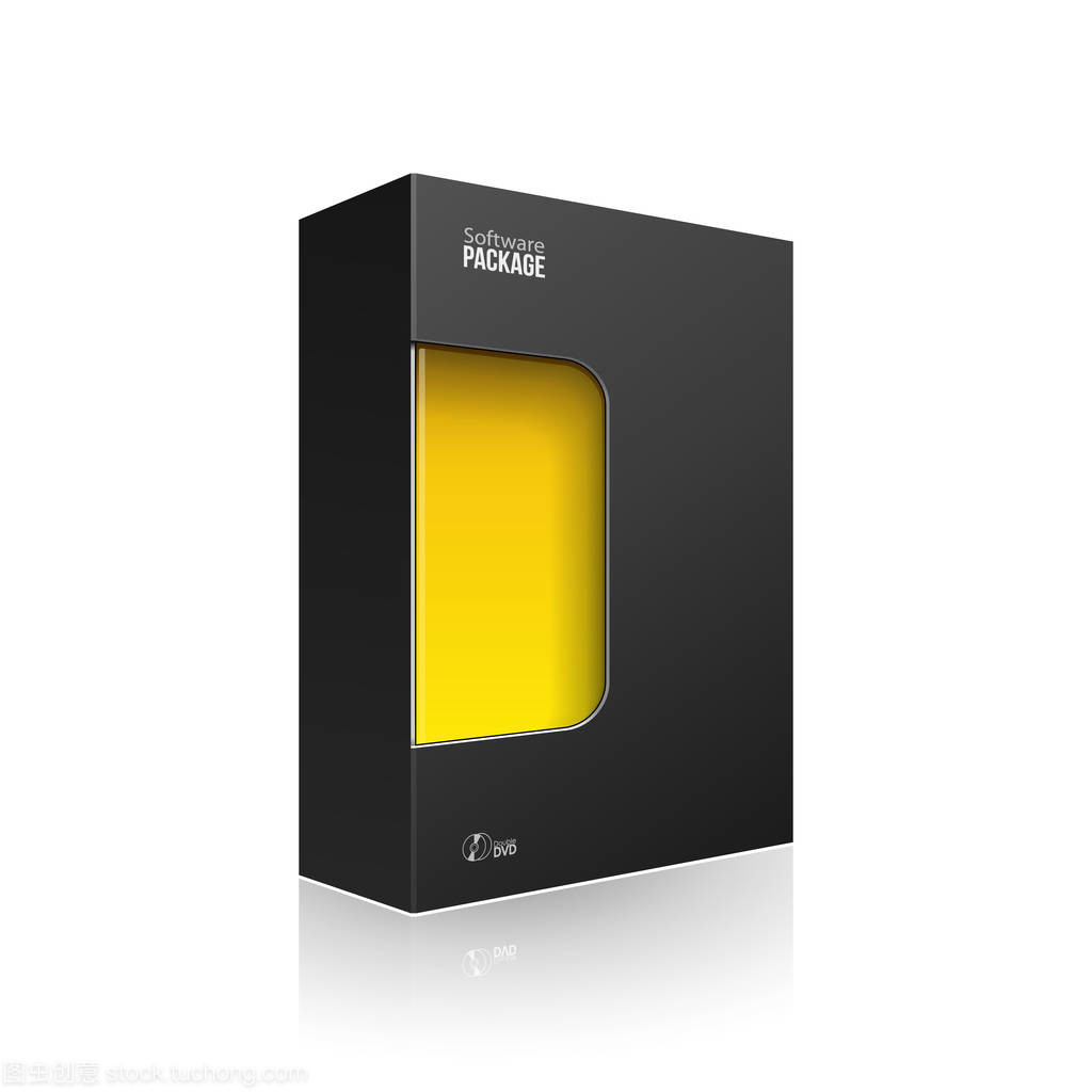 黑色現(xiàn)代軟件產(chǎn)品包裝盒, 帶有黃色橙色窗口, 用于 Dvd 或 Cd 盤。3d 在白色背景上的插圖被隔離。為您的設計做好準備。包裝.矢量 Eps10